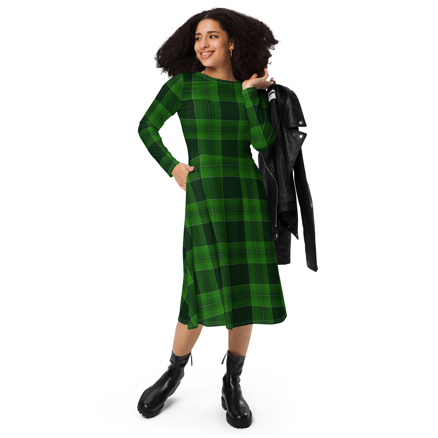 Dark Emerald Plaid long sleeve midi dress