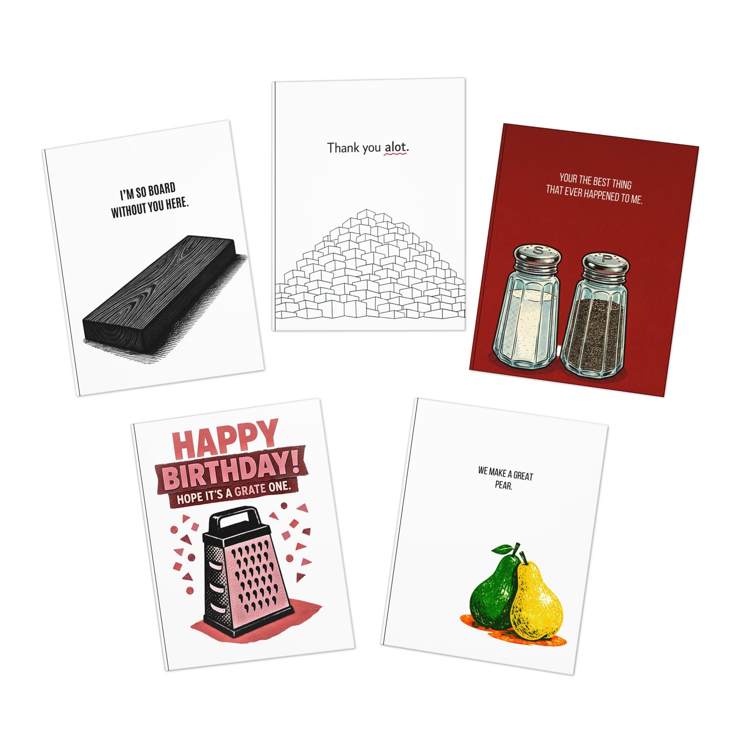 Bad grammar.  Good intentions. Funny Pun Greeting Cards 5-Pack — Assorted Humorous Birthday, Thank You & Everyday Cards