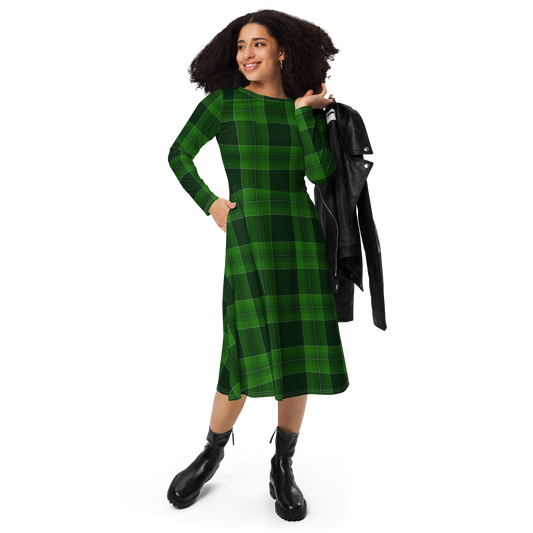 Dark Emerald Plaid long sleeve midi dress